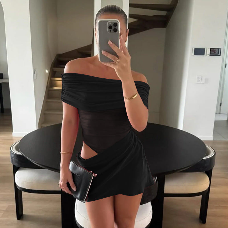 Damen Off-Shoulder Mini-Kleid mit figurbetontem Rüschendesign und asymmetrischem Saum R&B