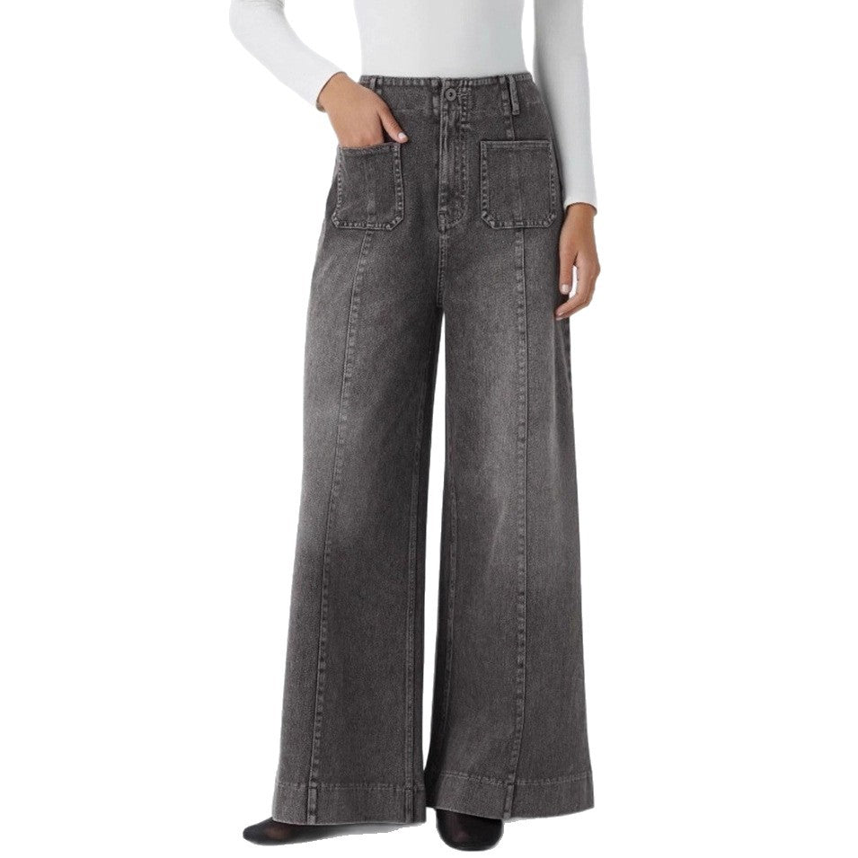 Damen nan hochgeschnittene Jeans-Palazzohose mit weitem Bein und aufgesetzten Fronttaschen R&B