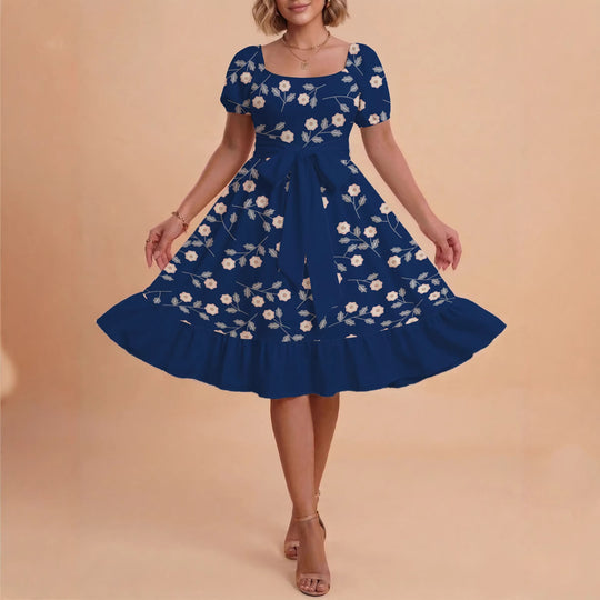 Damen Blumenkleid mit taillierbarem Gürtel und voluminösen Ärmeln R&B