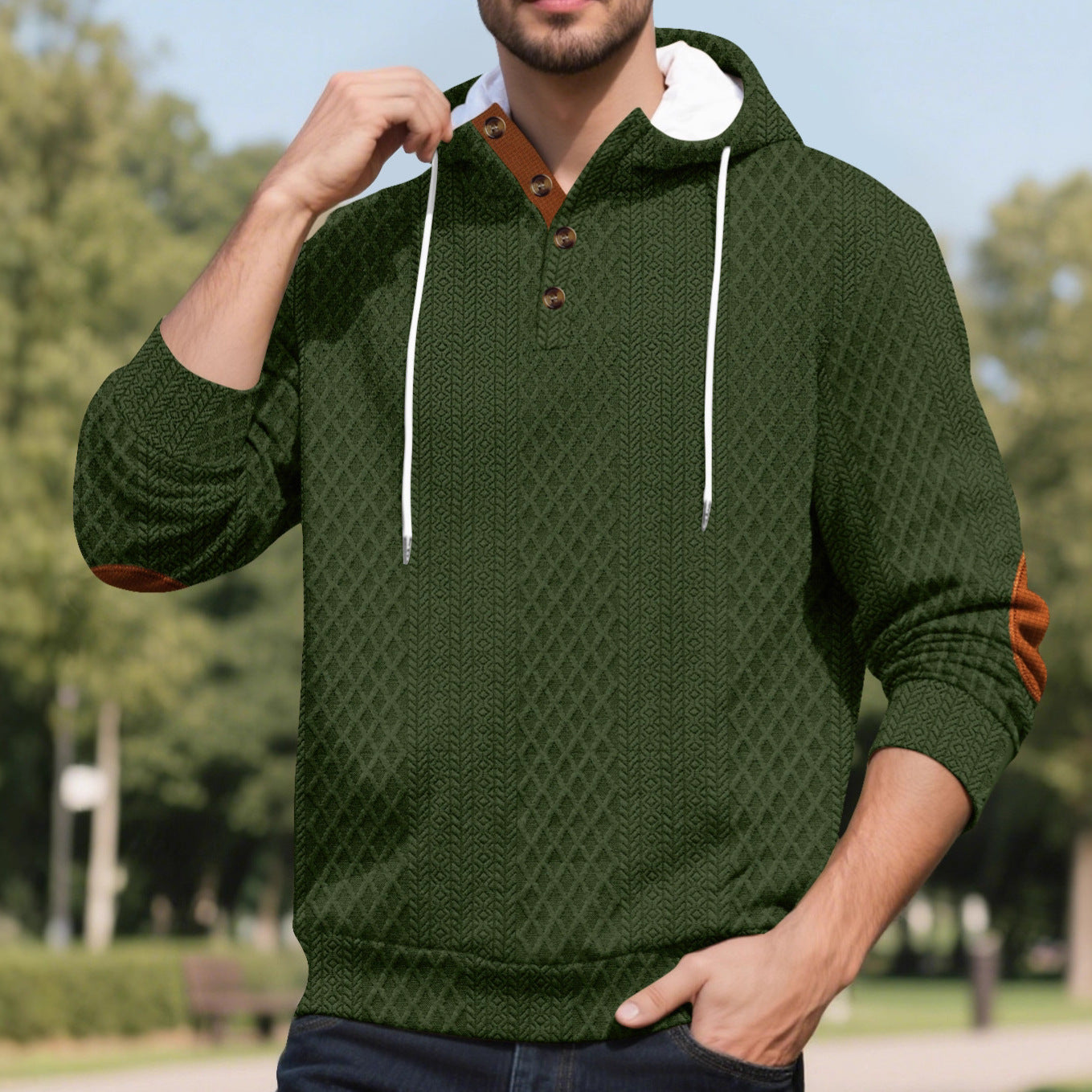 Herren nan Diamond-Struktur Kapuzenpullover mit Kurzknopfleiste, gesteppter Kapuzeninnenkante und Wildleder-Ellbogenpatch R&B