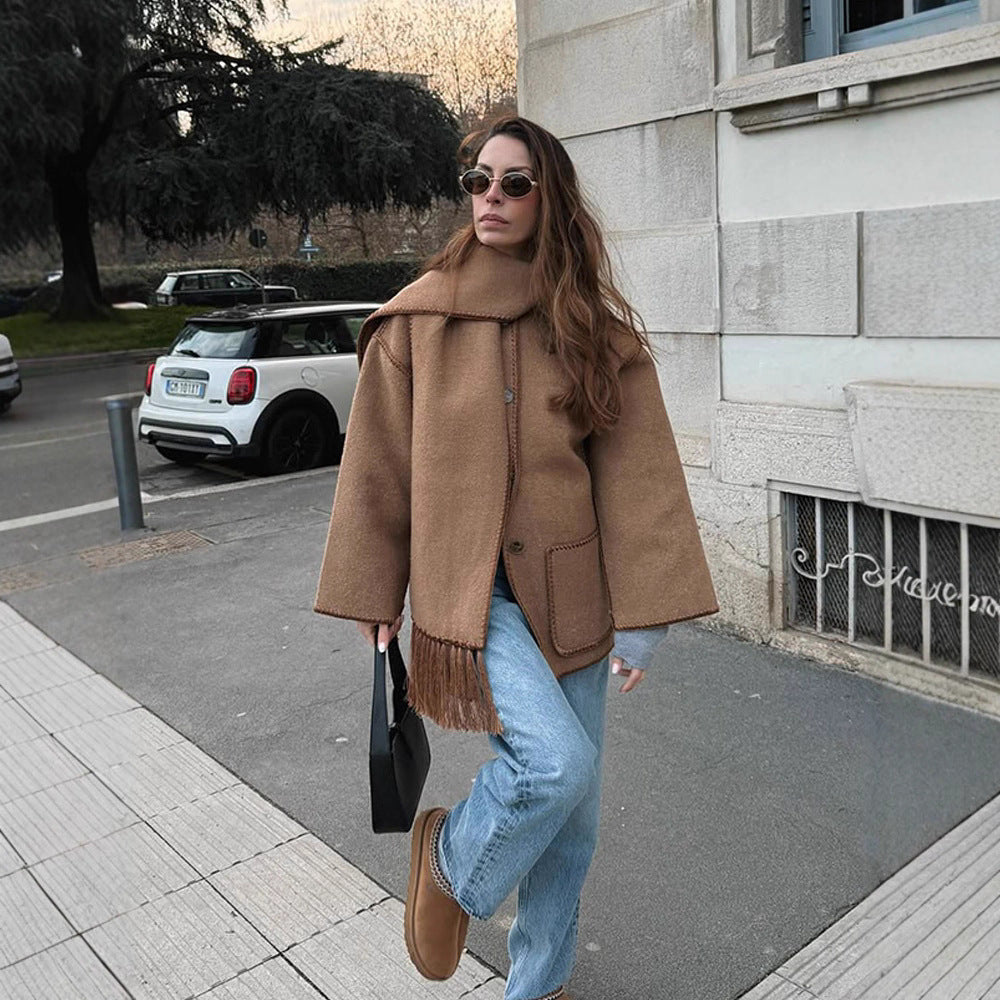 Damen oversized Mantel mit Fransendetails R&B