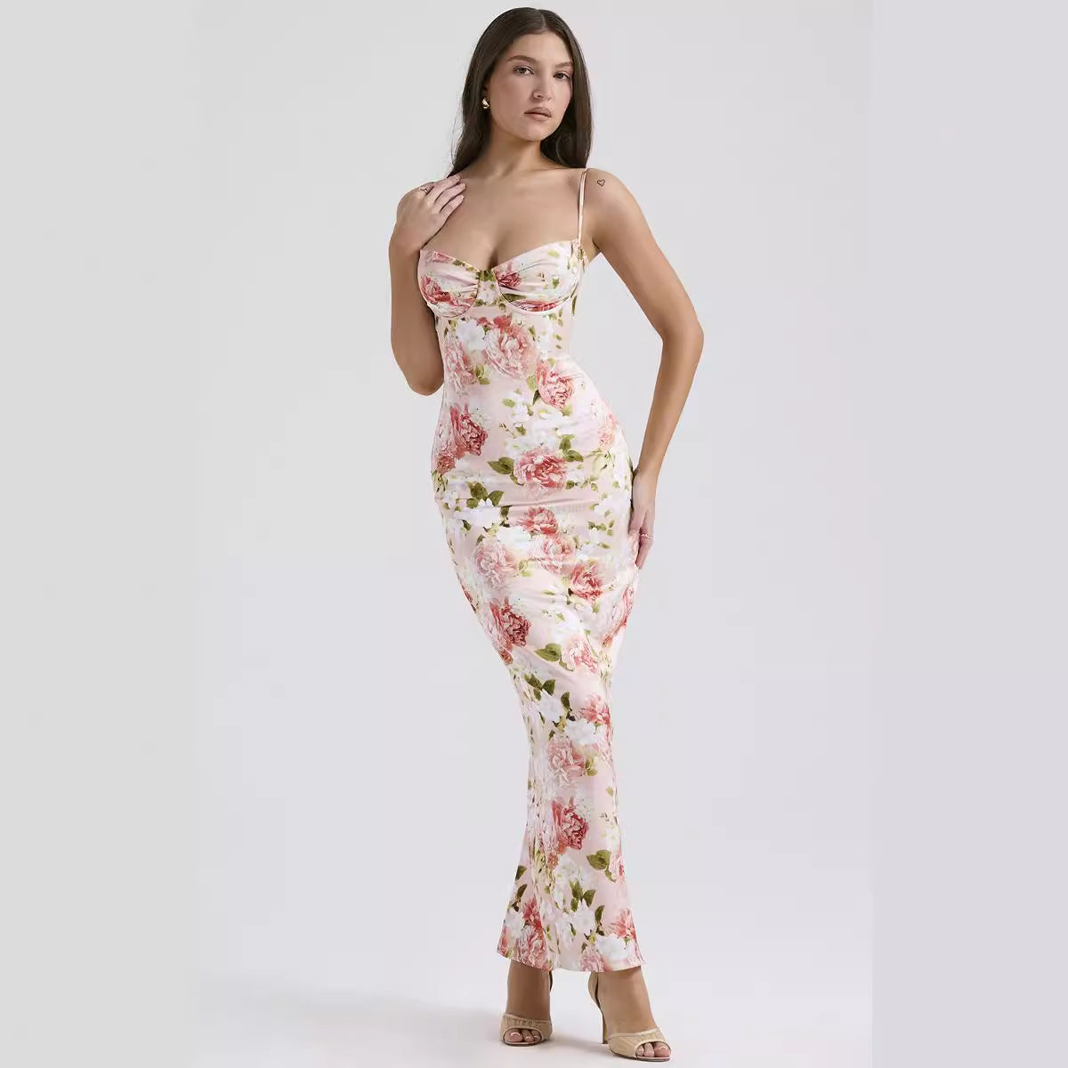 Damen Maxikleid mit floralem Spitzen-Design und schmalen Trägern R&B