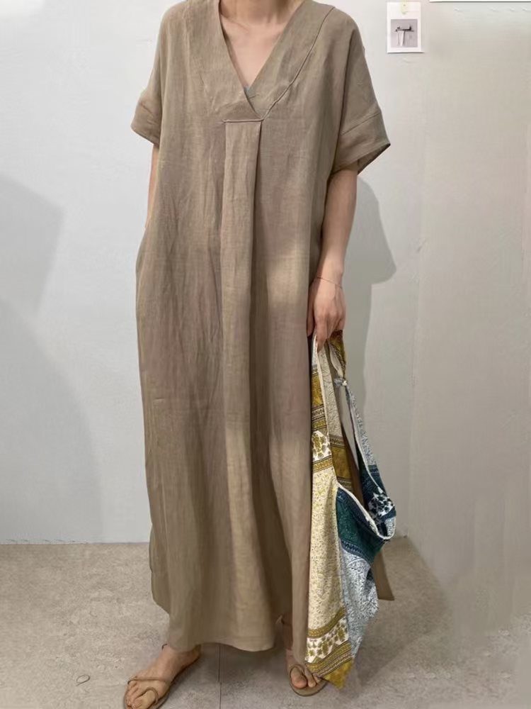 Damen Langes Leinenkleid mit V-Ausschnitt und lässigem Schnitt R&B