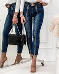 Damen High-Waist Jeans im modernen Design mit seitlichem Reißverschluss und Ring-Details