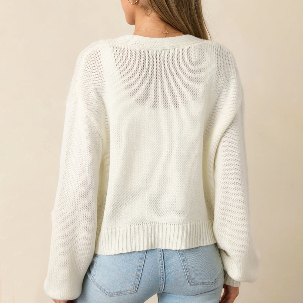 Damen lässige Strickjacke mit fruchtigen Applikationen und offenen Ärmeln R&B