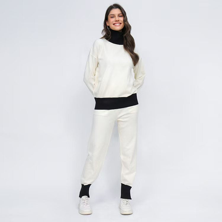 Damen komfortables Strick-Loungewear-Set mit hohem Kragen und elastischen Bündchen R&B