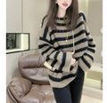 Damen Grobstrickpullover mit lässigem Streifenmuster und voluminösen Ärmeln R&B