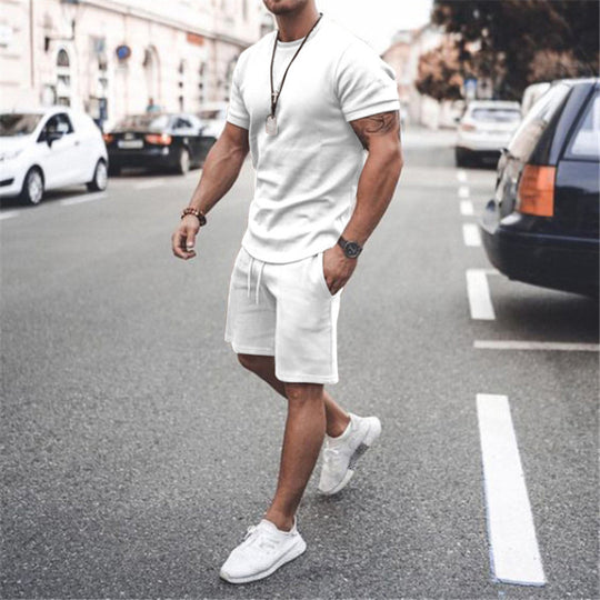 Herren nan figurbetontes Kurzarmshirt mit verstärkter Schulternaht und elastischer Kordelzug-Bermuda aus Stretchjersey R&B