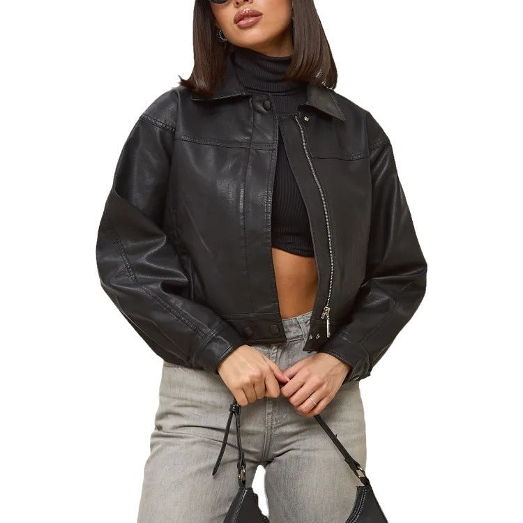 Damen modische cropped Kunstlederjacke mit eleganten Details R&B