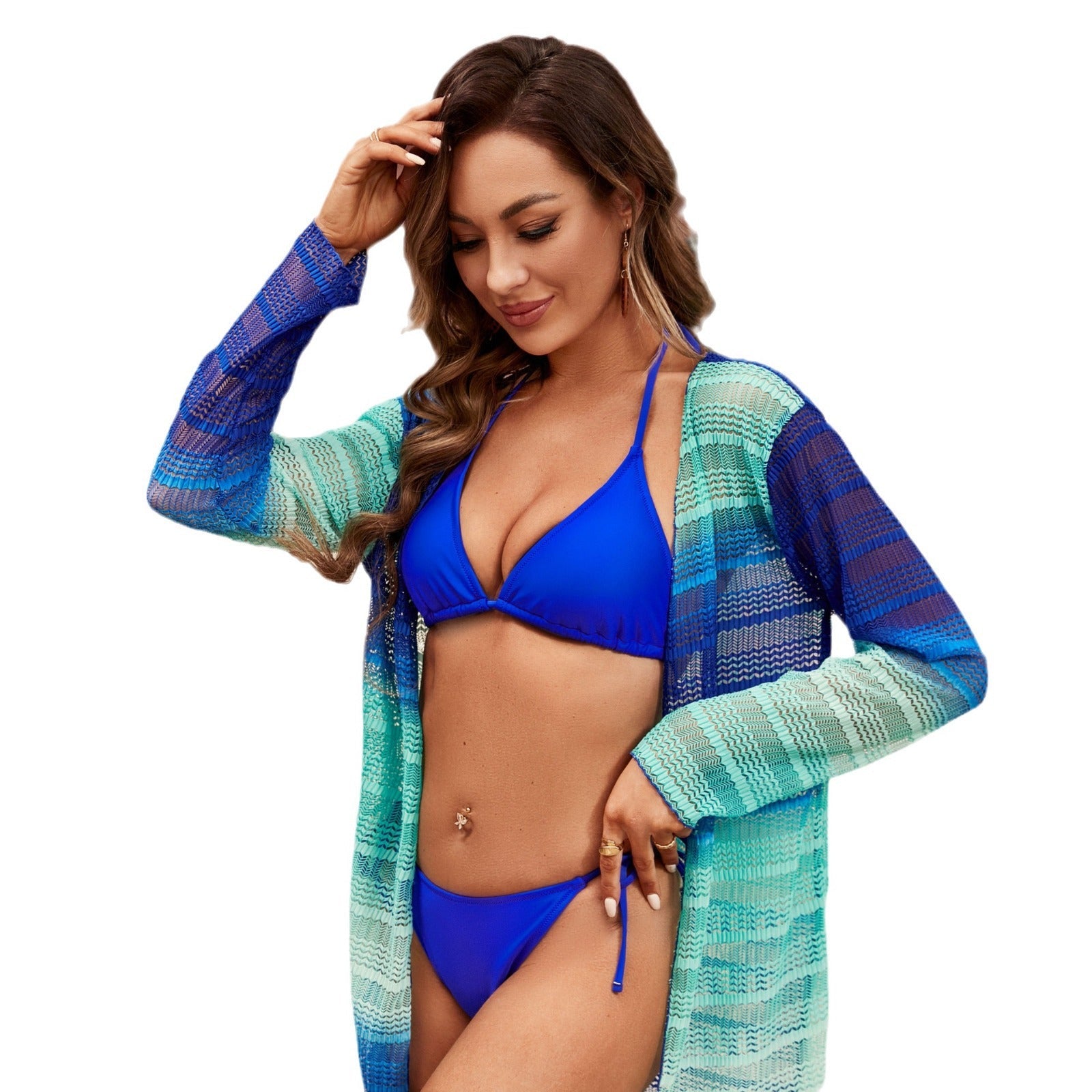 Damen Triangel-Bikini mit transparenter Strickjacke R&B