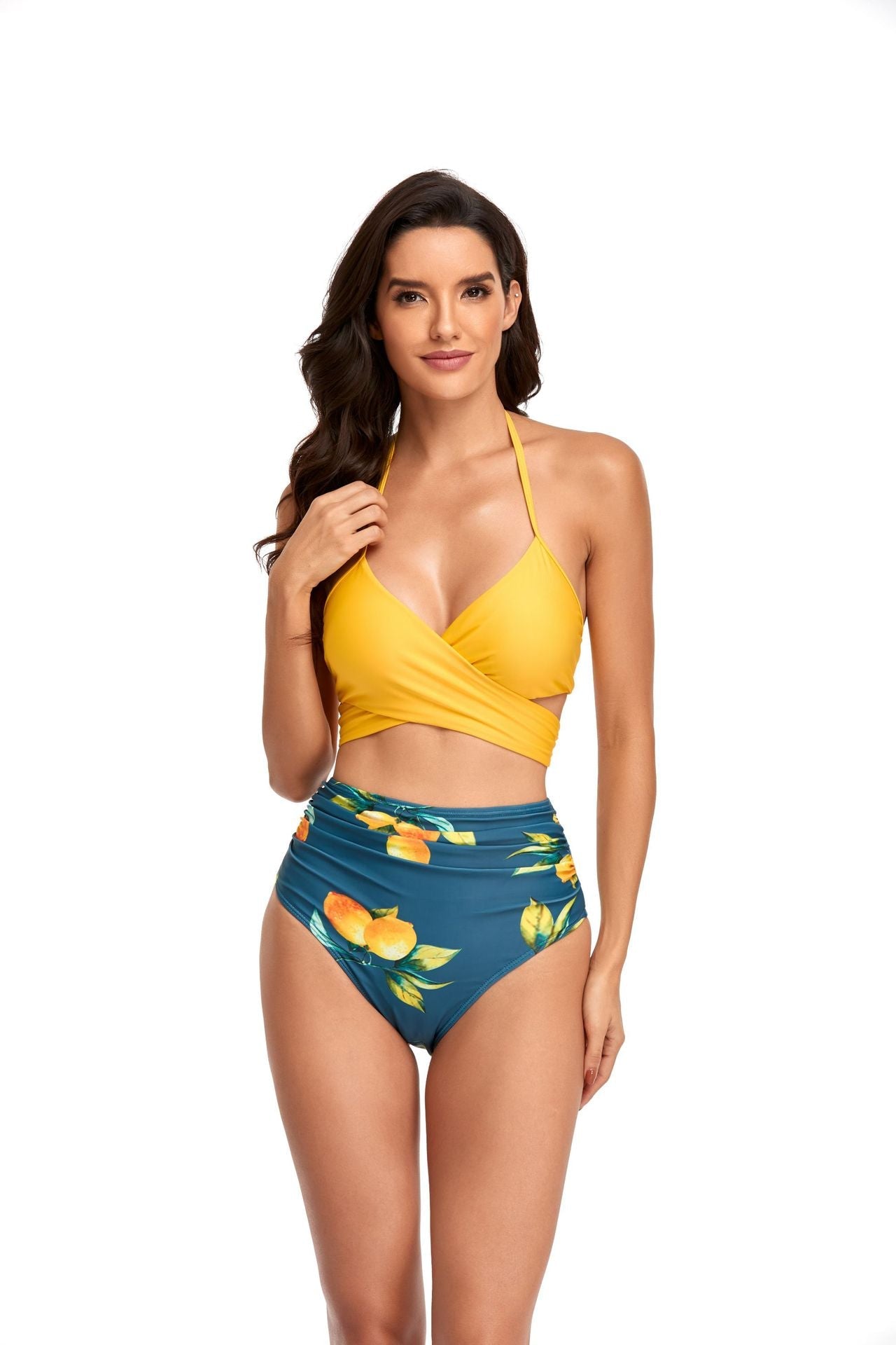 Damen Hochgeschnittener Bikini mit Wickeloberteil und floralen Mustern R&B