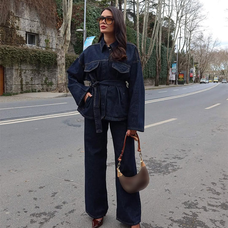Damen lässige Denim-Jacke mit Gürtel und weitem Schnitt R&B