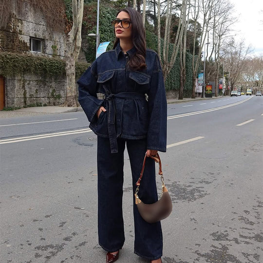 Damen lässige Denim-Jacke mit Gürtel und weitem Schnitt R&B