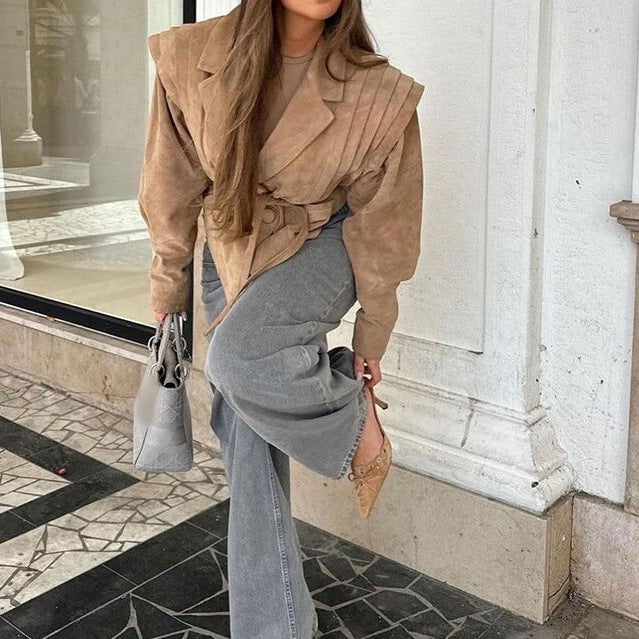 Damen Modische Wildlederjacke mit drapiertem Design und Taillengürtel R&B