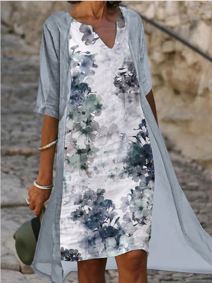Damen Freizeitkleid mit floralem Design und tiefem V-Ausschnitt R&B