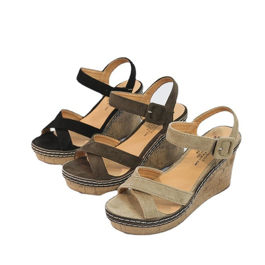 Damen Wedge-Sandalen mit komfortablem Korkabsatz und dekorativem Kreuzriemendesign R&B