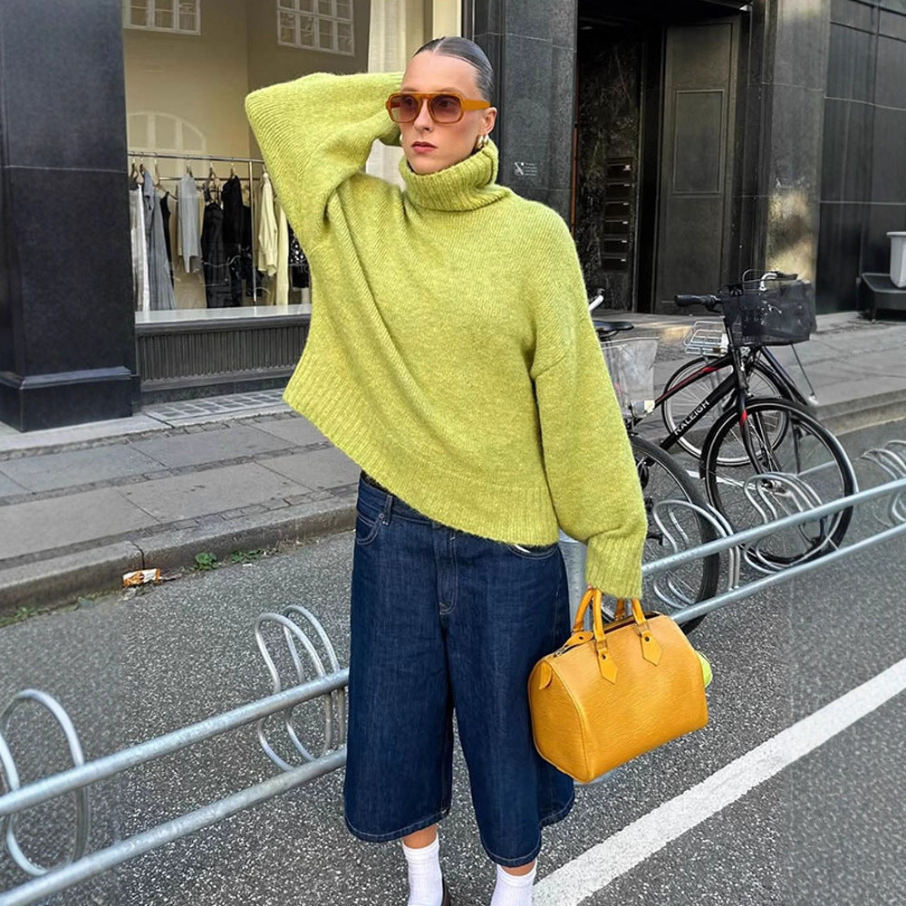 Damen gemütlicher Strickpullover mit hohem Kragen und überschnittenen Schultern R&B
