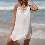 Damen luftiges Häkel-Strandkleid mit V-Ausschnitt und romantischem Saum R&B