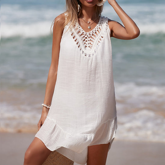 Damen luftiges Häkel-Strandkleid mit V-Ausschnitt und romantischem Saum R&B