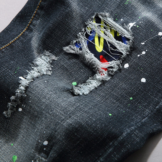 Herren Slim Fit Jeans mit kreativen Rissdesign und Farbklecksen R&B
