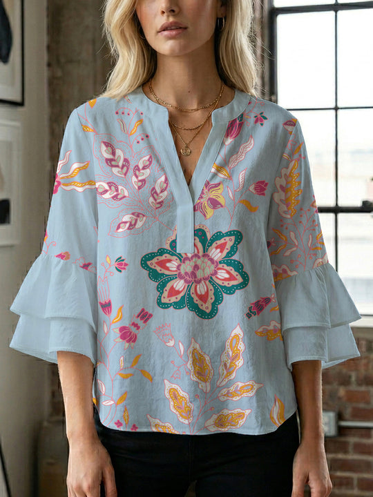 Damen Bluse mit voluminösen Rüschenärmeln und kreativem Floraldesign R&B