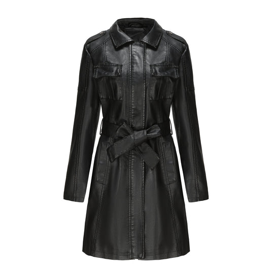 Damen modischer Trenchcoat aus hochwertigem Kunstleder R&B