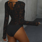 Damen Spitze Bodysuit mit V-Ausschnitt und langen Ärmeln R&B