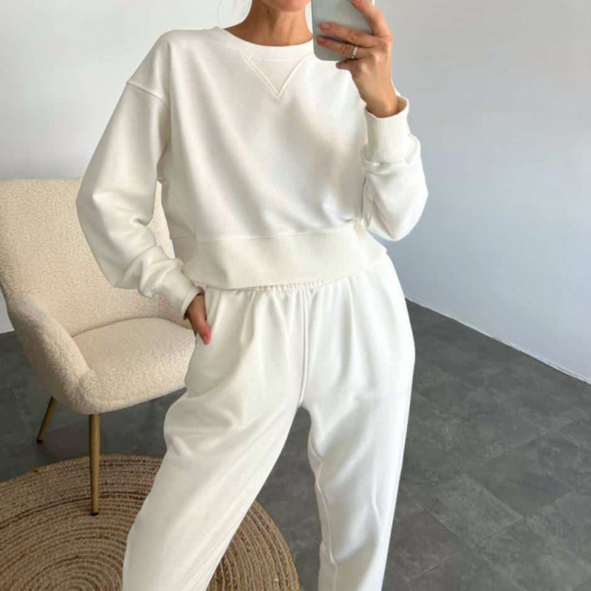 Damen nan Cropped-Sweater-Set mit V-Nahtdetail und hoher Taille Jogginghose R&B