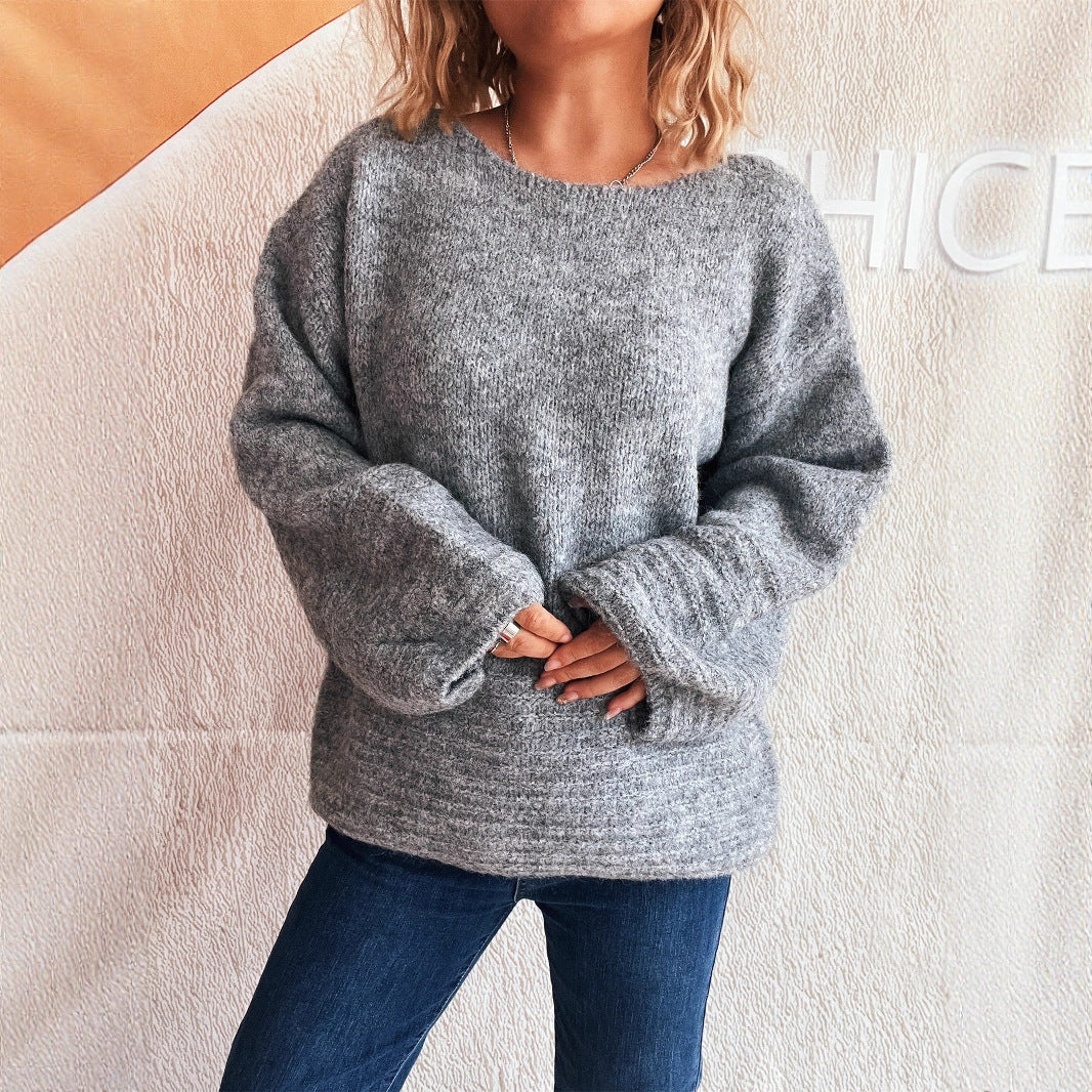 Damen kuscheliger Strickpullover mit weitem Schnitt und modischen Baumelärmeln R&B