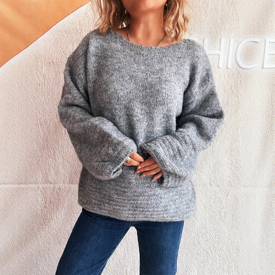 Damen kuscheliger Strickpullover mit weitem Schnitt und modischen Baumelärmeln R&B