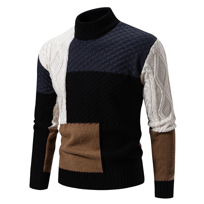 Herren modischer Rollkragenpullover mit modernem Zopfmuster und Farbblockdesign R&B