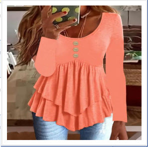 Damen Langarm Blusenshirt mit mehrlagigem Design und dekorativen Knopfdetails R&B
