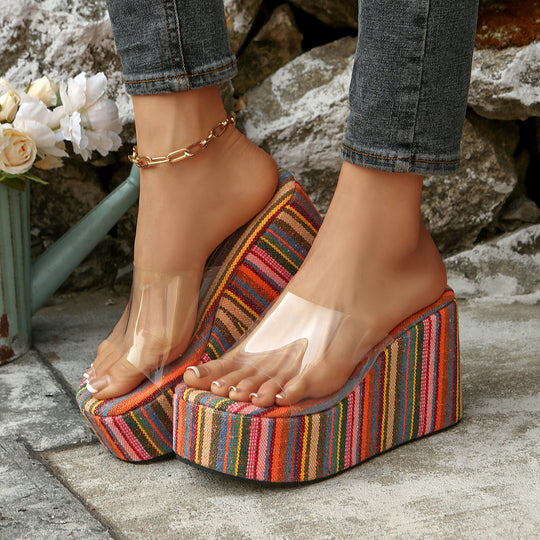 Damen Wedge-Pantoletten mit durchsichtigen Riemen und farbenfrohem Streifenmuster R&B