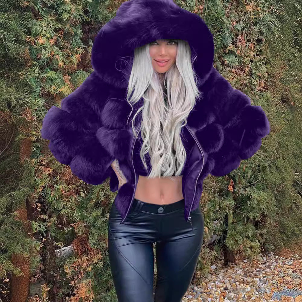 Damen Sportliche Kunstpelzjacke mit Kapuze R&B