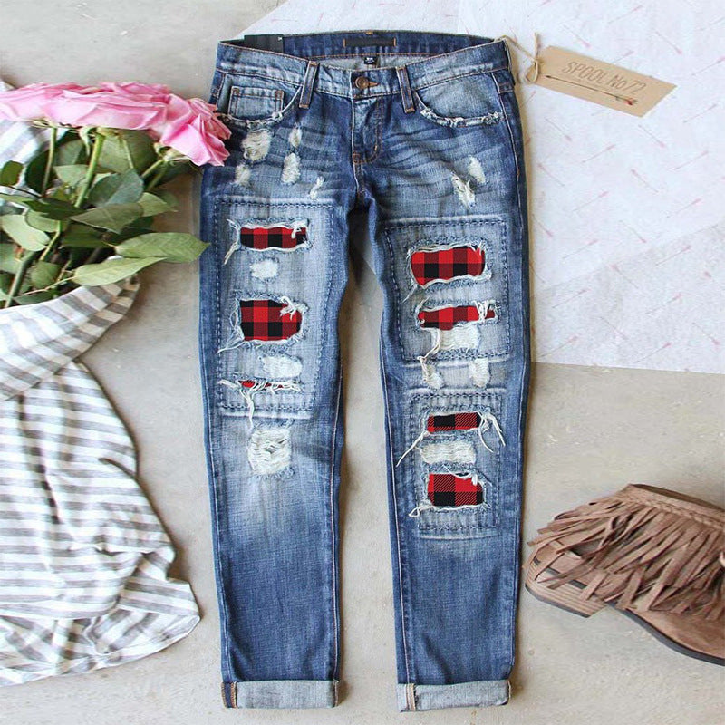 Damen Ripped Jeans mit karierten Akzenten und modischen Destroyed-Details R&B