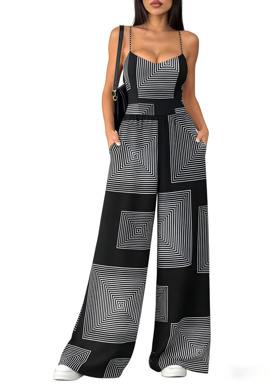 Damen Eleganter Jumpsuit mit geometrischem Print und breiten Beinen R&B