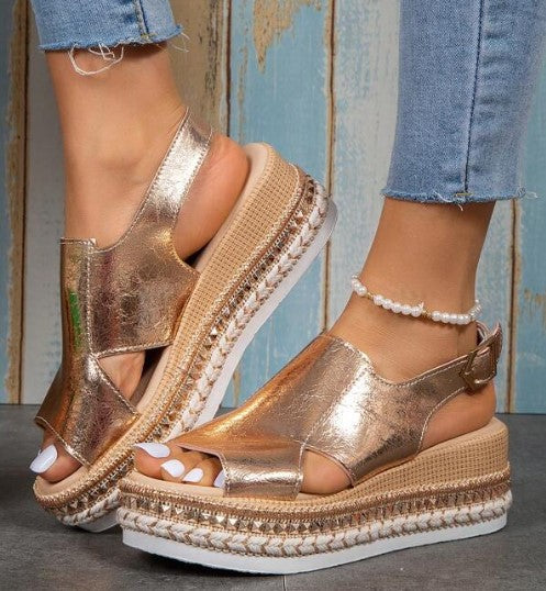 Damen elegante Keil-Sandalen mit offenen Zehen und Riemen R&B