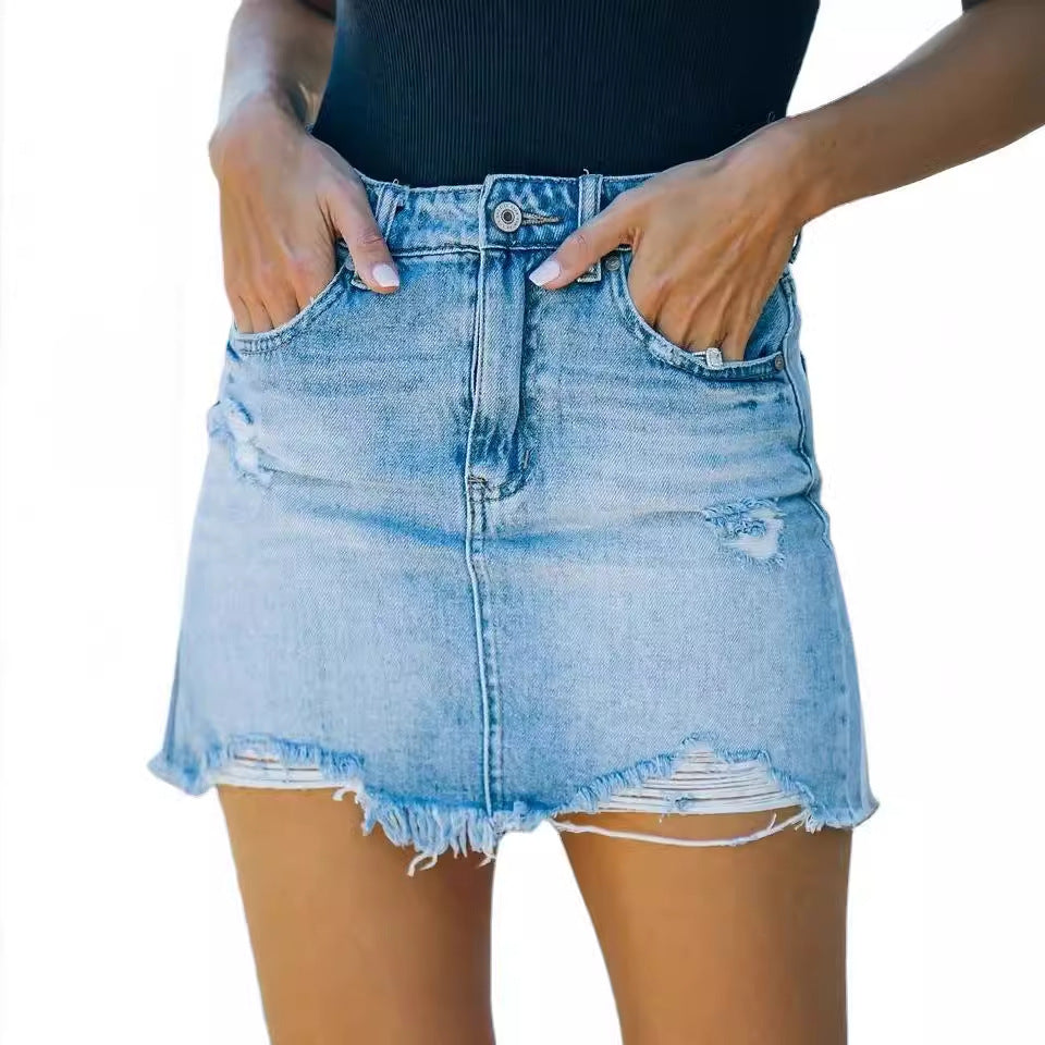 Damen Jeansrock im lässigen Used-Look mit fransigen Säumen R&B