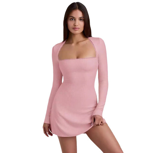 Damen Langärmeliges Minikleid mit elegantem Ausschnitt und Rippstruktur R&B