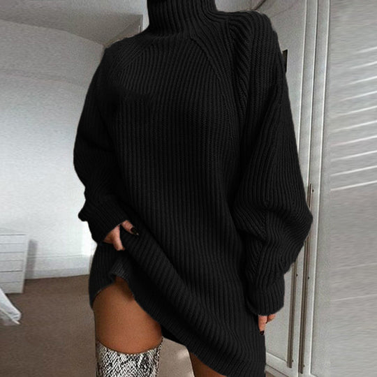 Damen Grobstrickpullover mit hohem Kragen und asymmetrischem Saum R&B