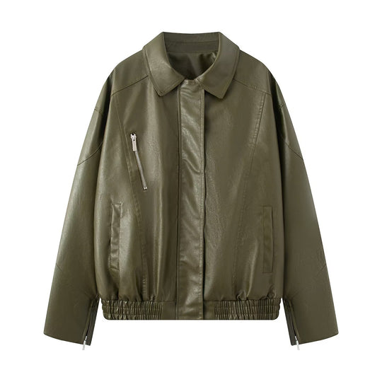 Damen elegante Kunstlederjacke mit praktischen Reißverschluss-Taschen R&B