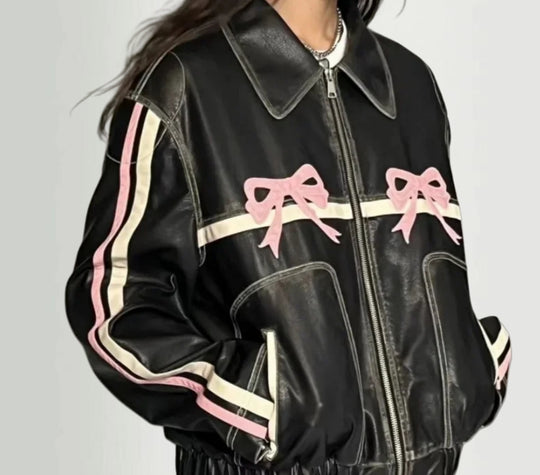 Damen lässige Kunstlederjacke mit verspielten Schleifendetails R&B
