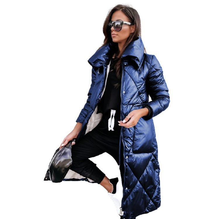 Lange Steppjacke Damen mit hohem Kragen