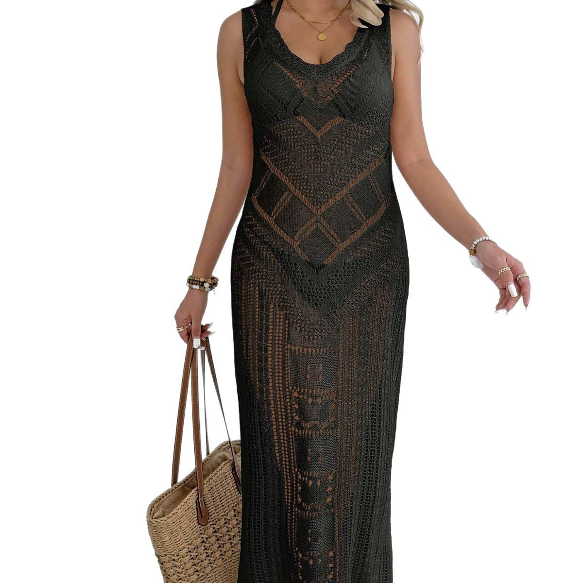 Damen gehäkeltes Maxikleid mit dezenter Lochmuster-Optik R&B