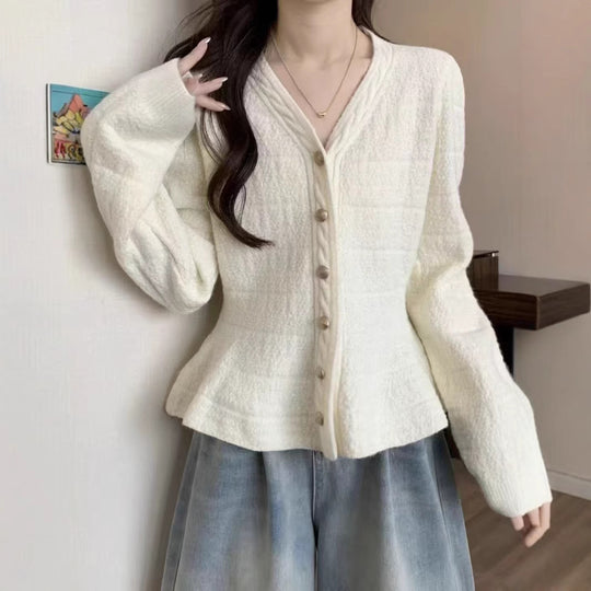Damen elegante Strickjacke mit strukturiertem Design und femininen Puffärmeln R&B
