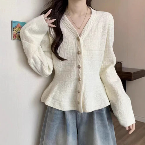 Damen elegante Strickjacke mit strukturiertem Design und femininen Puffärmeln R&B