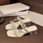 Damen elegante Sandalen mit funkelndem Strassbesatz und transparentem Blockabsatz EB