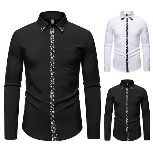 Herren elegantes Langarmhemd mit floralem Kragen und Brusttasche R&B