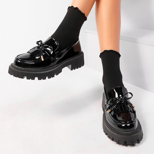 Damen modische Lacklederschuhe mit robustem Profilsohle und Schleifenakzent R&B