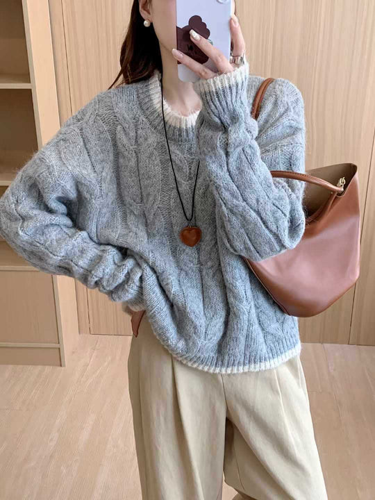 Damen Grob gestrickter Pullover mit Zopfmuster und Rundhalsausschnitt R&B